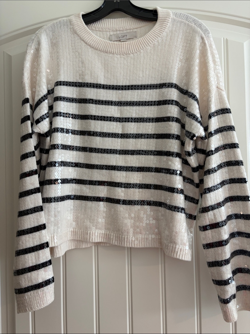 LOFT Cream & Black Striped Sequin Crewneck Sweater